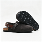 Birkenstock Boston Suede Clogs | Anthracite Grey + Brown Leather Strap + Textured Grip Sole, Unisex Retro Slip-On Shoes, Premium Comfort & Urban Style