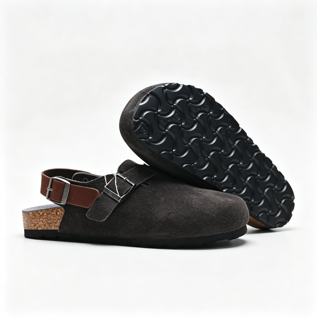 Birkenstock Boston Suede Clogs | Anthracite Grey + Brown Leather Strap + Textured Grip Sole, Unisex Retro Slip-On Shoes, Premium Comfort & Urban Style