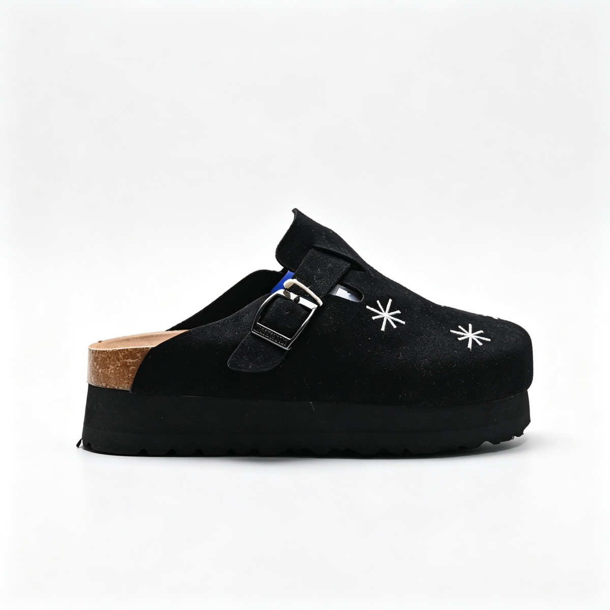 Birkenstock Boston Platform | Black Suede + White Starburst Embroidery + Chunky Sole, Unisex Trendy Clogs, Gothic & Streetwear Style Slip-Ons
