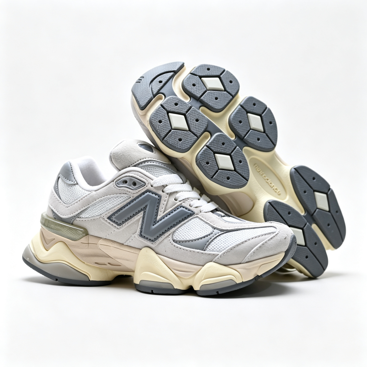 New Balance 9060 White Grey Cream Sneakers – Unisex Suede Mesh Chunky Lifestyle Shoes