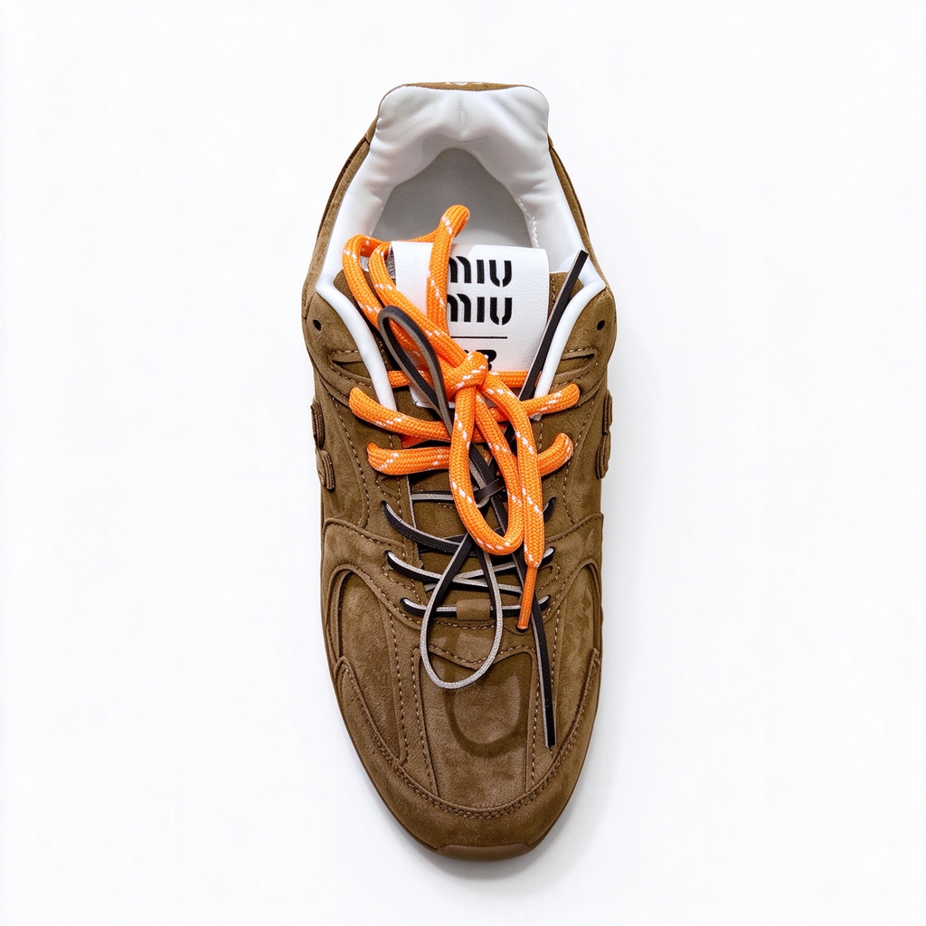 Miu Miu x New Balance 530 SL 2026 Collaboration Sneakers | Cocoa Brown Suede | Multi-Lace System (Orange + Brown + Ivory) | Ultra-Thin Sole | Luxury Unisex Shoes