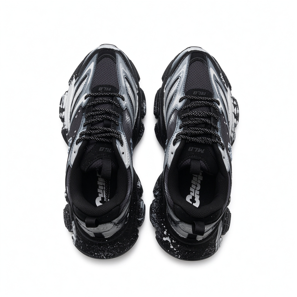 MLB Big Ball Chunky New York Yankees Sneakers | Black Silver Marble Splash | 6cm Platform Dad Shoes | Unisex Streetwear