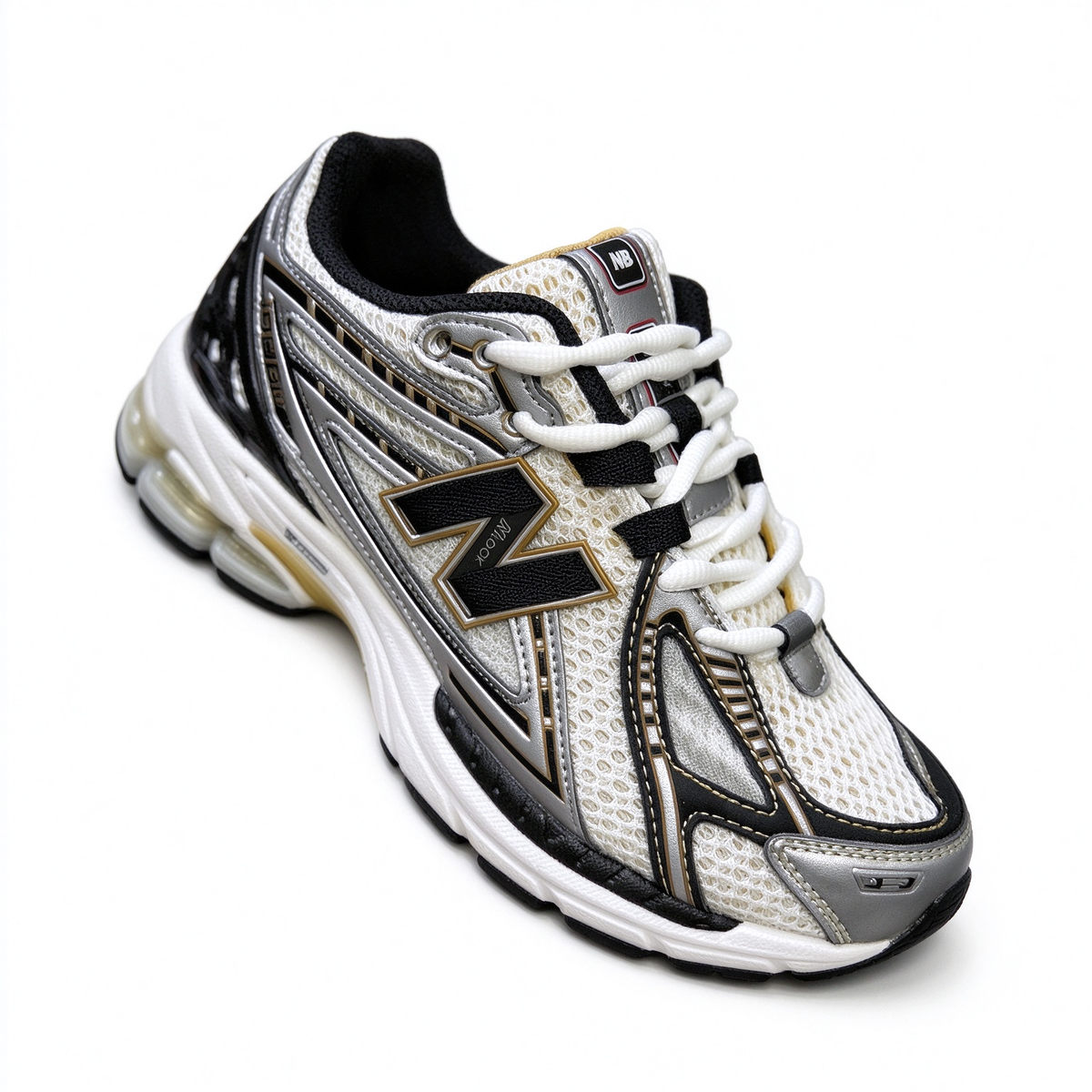 New Balance Classic Y2K retro running sneakers 1906R silver white gold metallic colorway, unisex dad shoes for men and women.