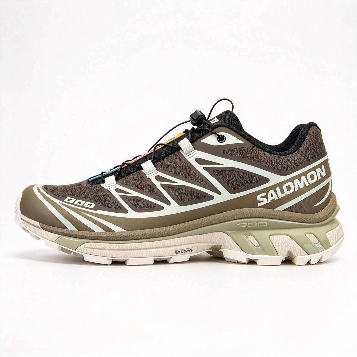 Salomon XT-6 Men's Trail Running Shoes | Dark Brown/Off-White/Yellow-Blue Colorway | Breathable Mesh Upper | All-Terrain Traction | Lightweight and Durable | Suitable for Trail Running, Hiking, and Everyday Urban Wear