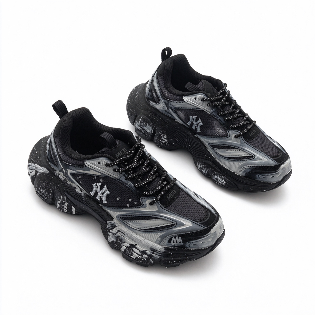 MLB Big Ball Chunky New York Yankees Sneakers | Black Silver Marble Splash | 6cm Platform Dad Shoes | Unisex Streetwear