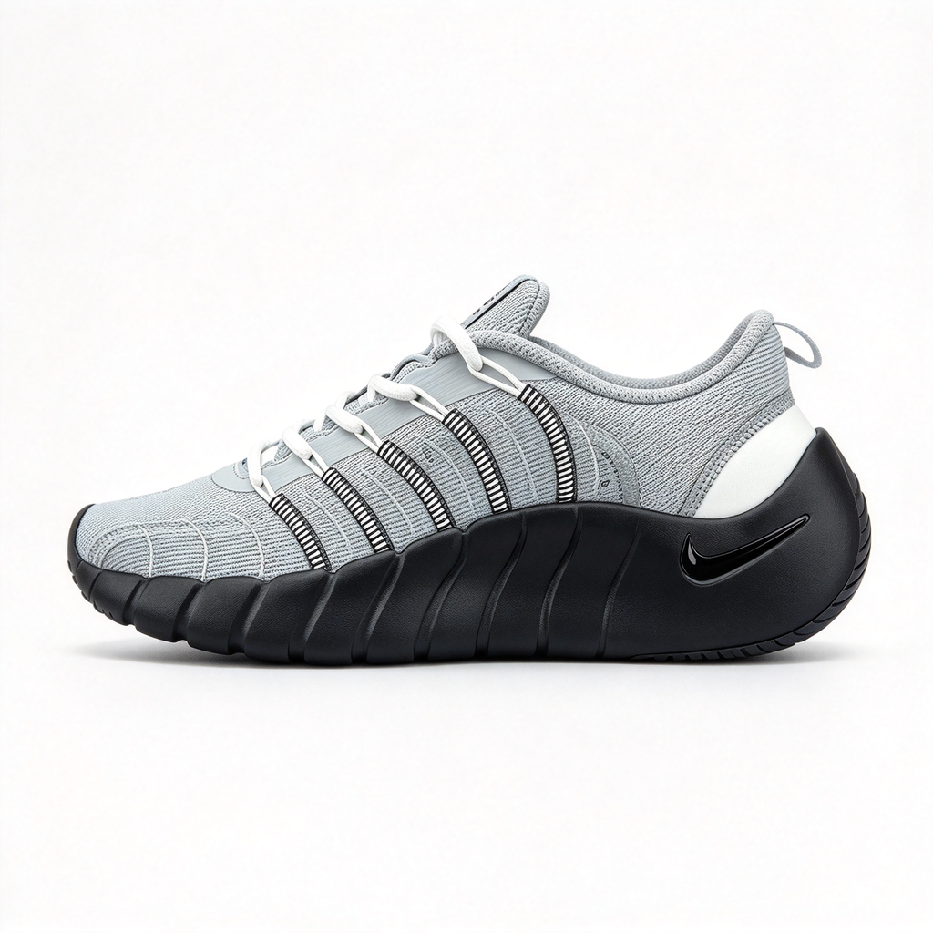 Nike Free RN 5.0 Men's Running Shoes | Light Grey/Black/White | Barefoot-like feel + flexible grooved sole | Breathable knit upper | Lightweight, zero-drop design | Suitable for road running, workouts, and everyday wear