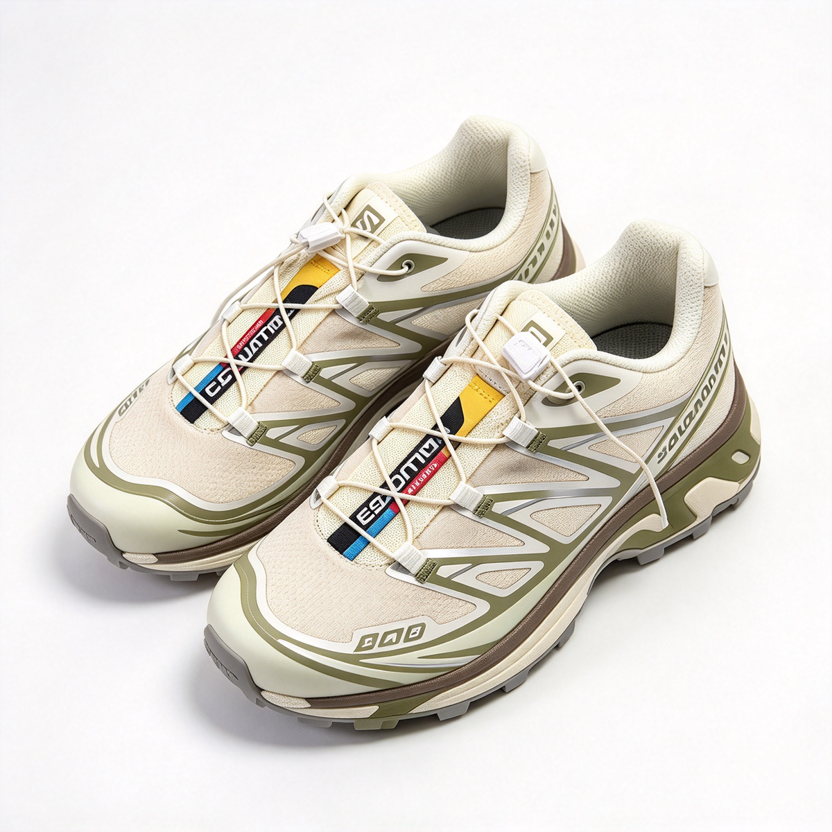 Salomon XT-6 Men's Trail Running Shoes | Beige/Olive Green/Yellow-Blue Colorway; Breathable Mesh Upper | All-Terrain Traction | Lightweight and Durable | Suitable for Trail Running, Hiking, and Everyday Urban Wear