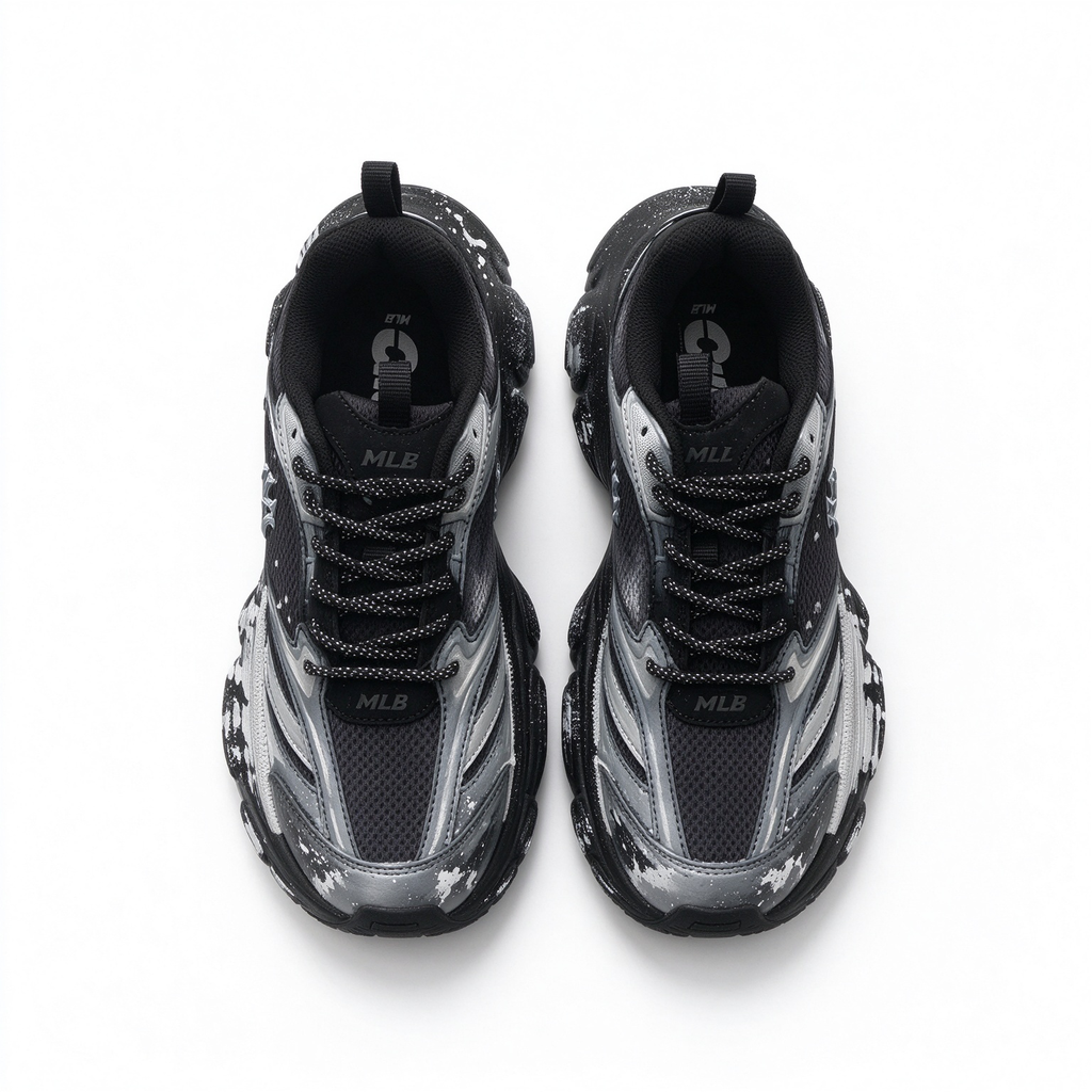 MLB Big Ball Chunky New York Yankees Sneakers | Black Silver Marble Splash | 6cm Platform Dad Shoes | Unisex Streetwear