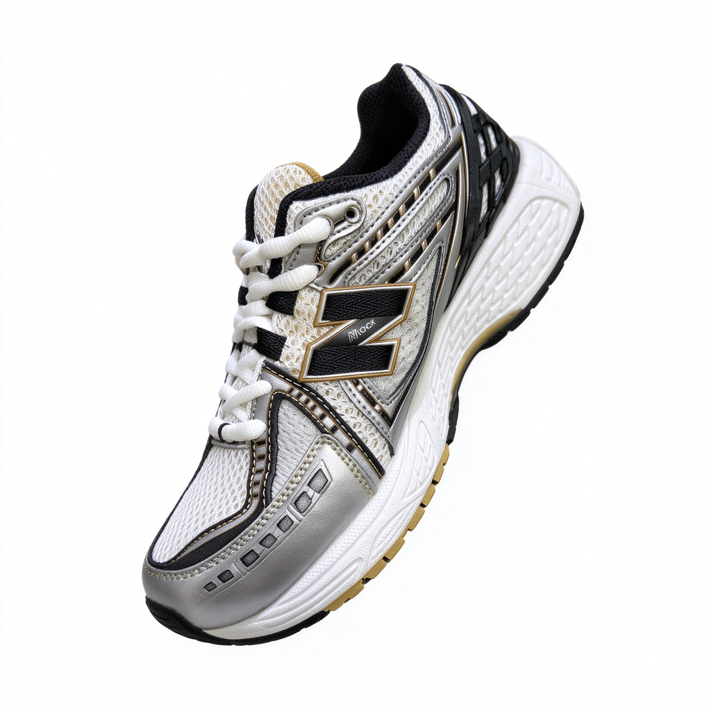 New Balance Classic Y2K retro running sneakers 1906R silver white gold metallic colorway, unisex dad shoes for men and women.