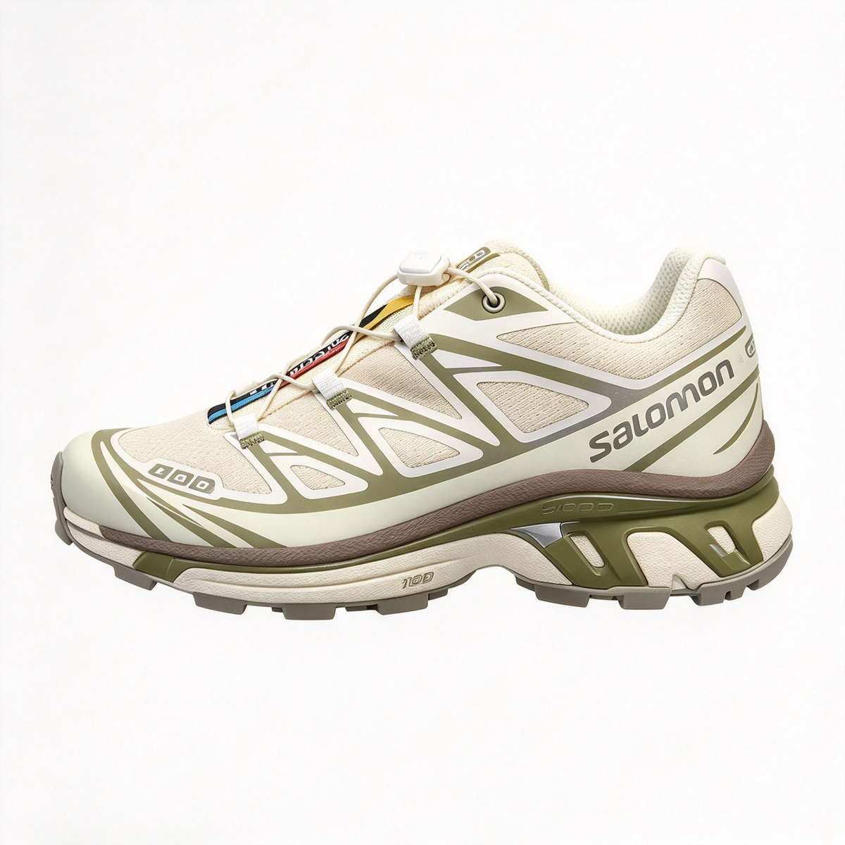 Salomon XT-6 Men's Trail Running Shoes | Beige/Olive Green/Yellow-Blue Colorway; Breathable Mesh Upper | All-Terrain Traction | Lightweight and Durable | Suitable for Trail Running, Hiking, and Everyday Urban Wear