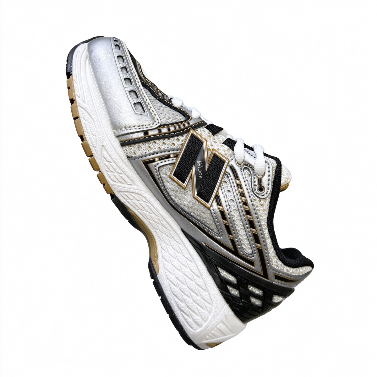 New Balance Classic Y2K retro running sneakers 1906R silver white gold metallic colorway, unisex dad shoes for men and women.