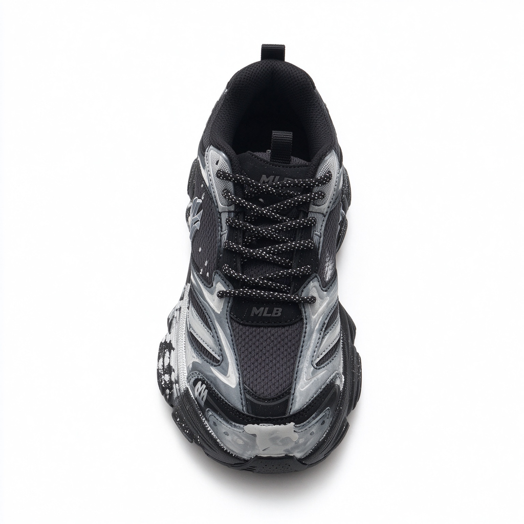 MLB Big Ball Chunky New York Yankees Sneakers | Black Silver Marble Splash | 6cm Platform Dad Shoes | Unisex Streetwear