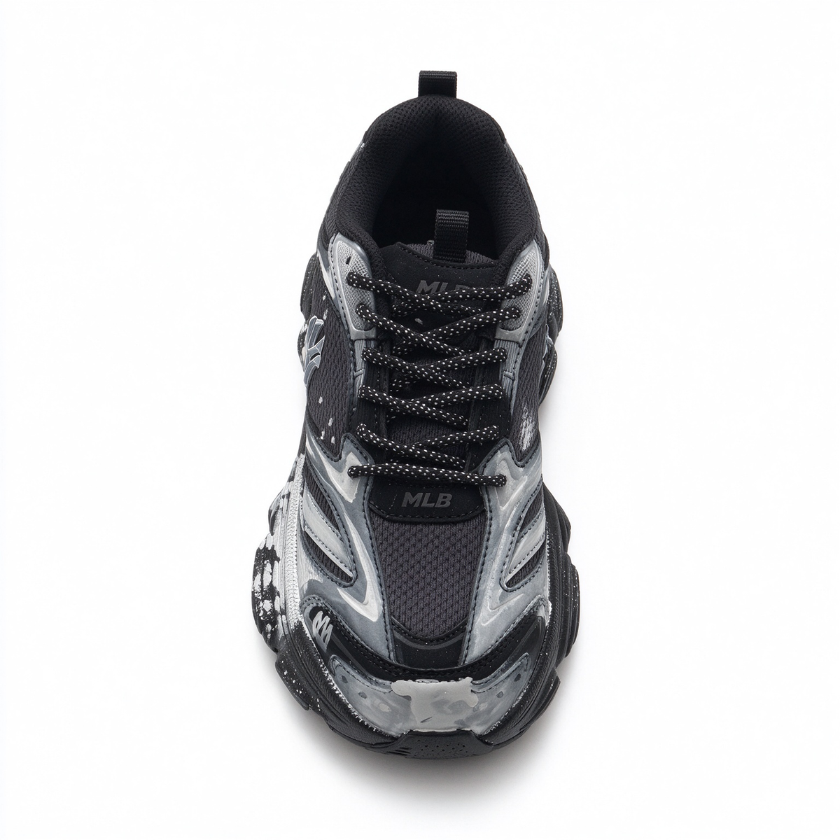 MLB Big Ball Chunky New York Yankees Sneakers | Black Silver Marble Splash | 6cm Platform Dad Shoes | Unisex Streetwear
