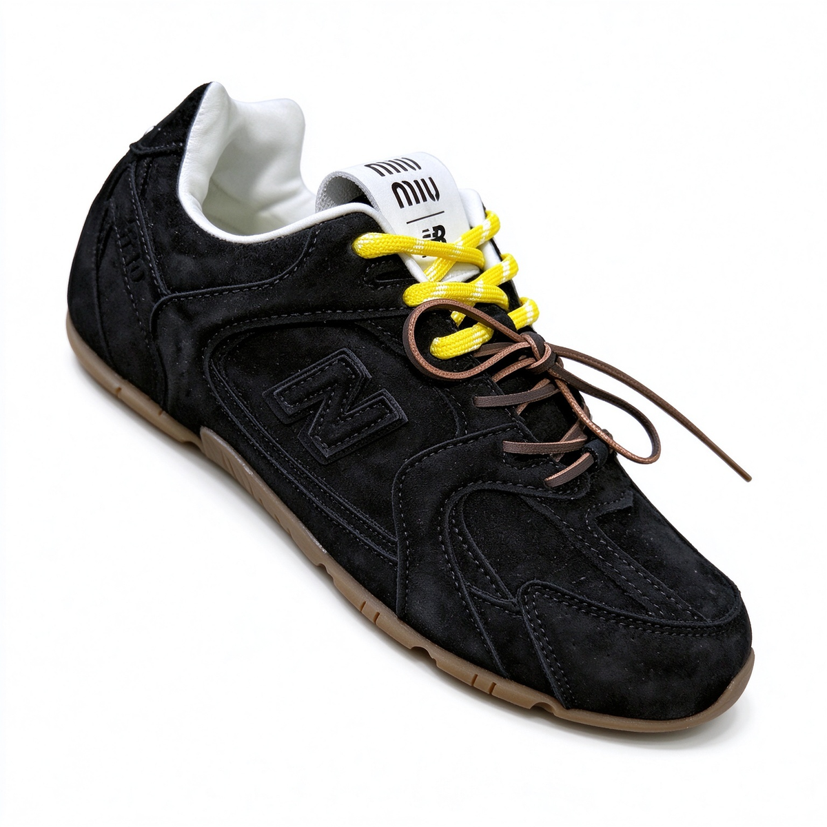 Miu Miu x New Balance 530 SL 2026 Collaboration Sneakers | All Black Suede | Multi-Lace System (Yellow + Brown + Ivory) | Ultra-Thin Sole | Luxury Unisex Shoes