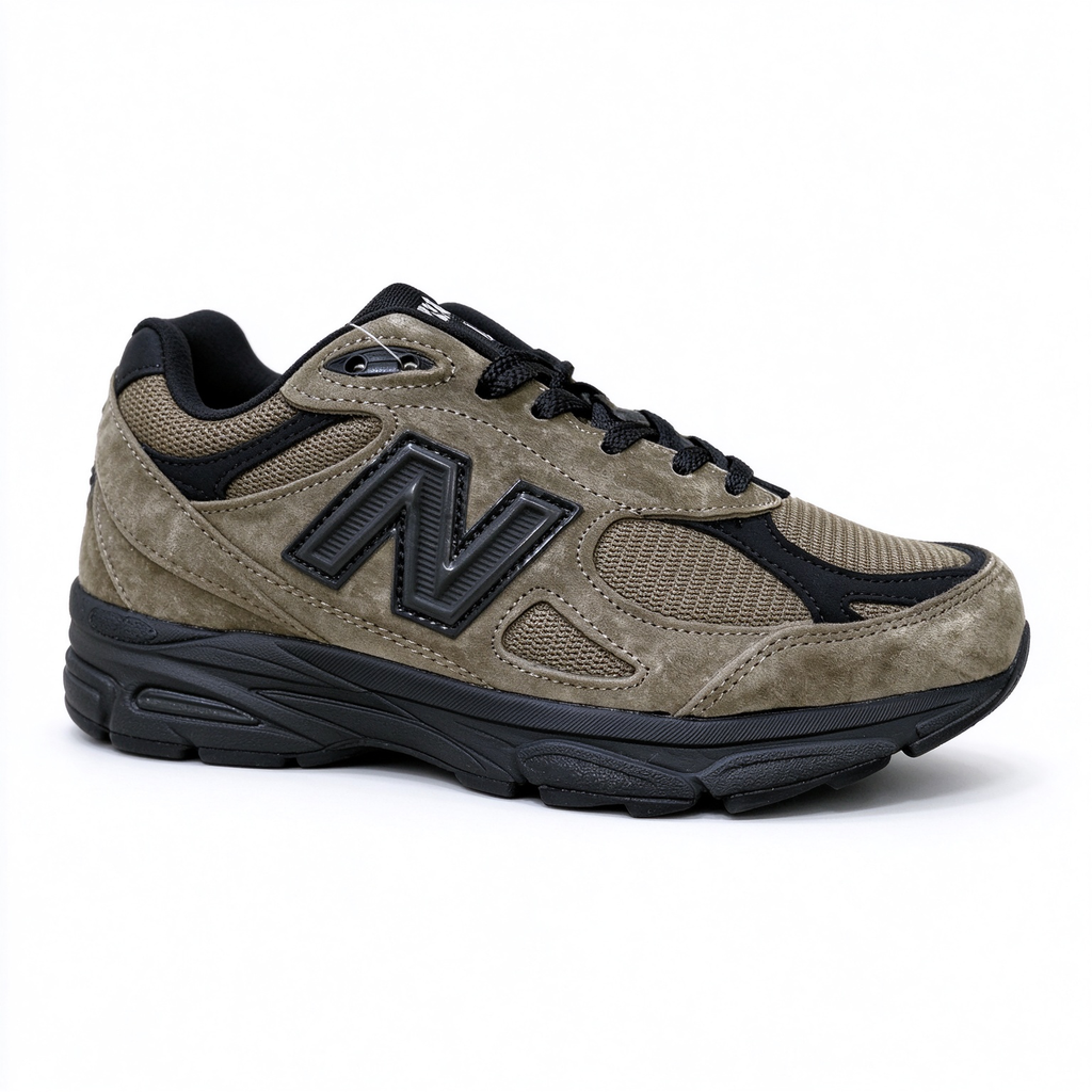 JJJJound x New Balance 990v3 classic collaboration model, Made in USA style. Premium brown suede matched with breathable mesh fabric, iconic dark black overlay, low-key vintage aesthetic, highly versatile for streetwear outfits.