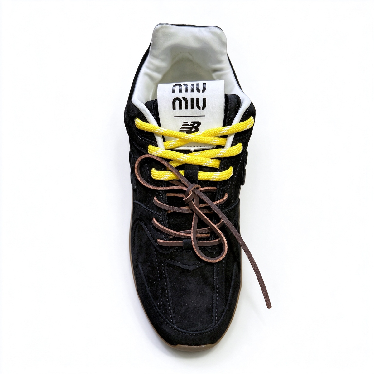 Miu Miu x New Balance 530 SL 2026 Collaboration Sneakers | All Black Suede | Multi-Lace System (Yellow + Brown + Ivory) | Ultra-Thin Sole | Luxury Unisex Shoes