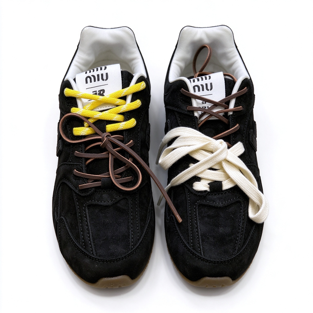 Miu Miu x New Balance 530 SL 2026 Collaboration Sneakers | All Black Suede | Multi-Lace System (Yellow + Brown + Ivory) | Ultra-Thin Sole | Luxury Unisex Shoes