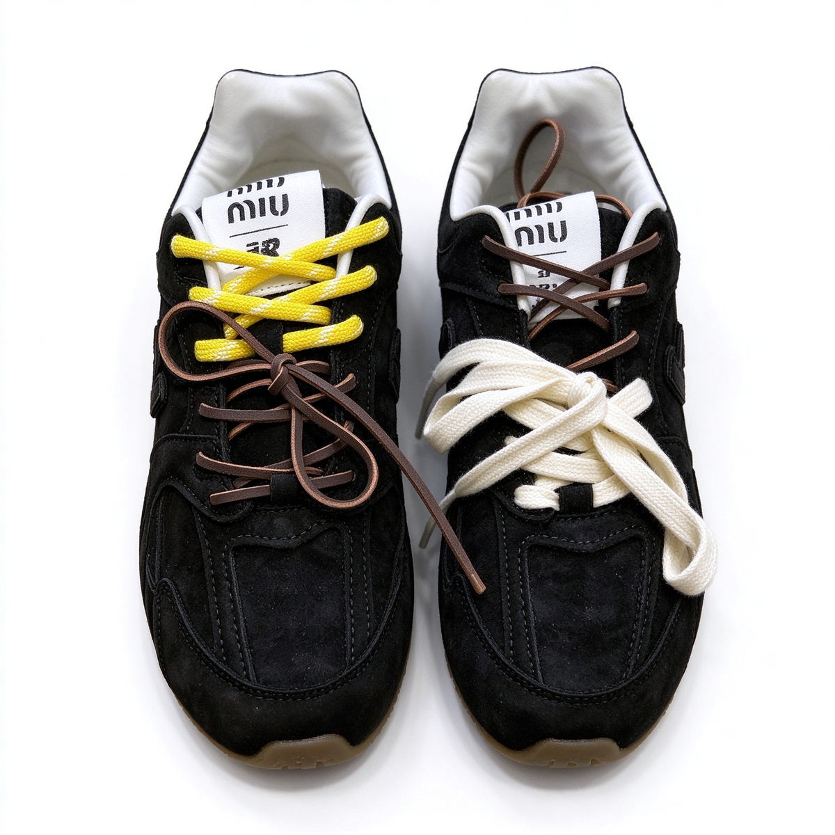 Miu Miu x New Balance 530 SL 2026 Collaboration Sneakers | All Black Suede | Multi-Lace System (Yellow + Brown + Ivory) | Ultra-Thin Sole | Luxury Unisex Shoes
