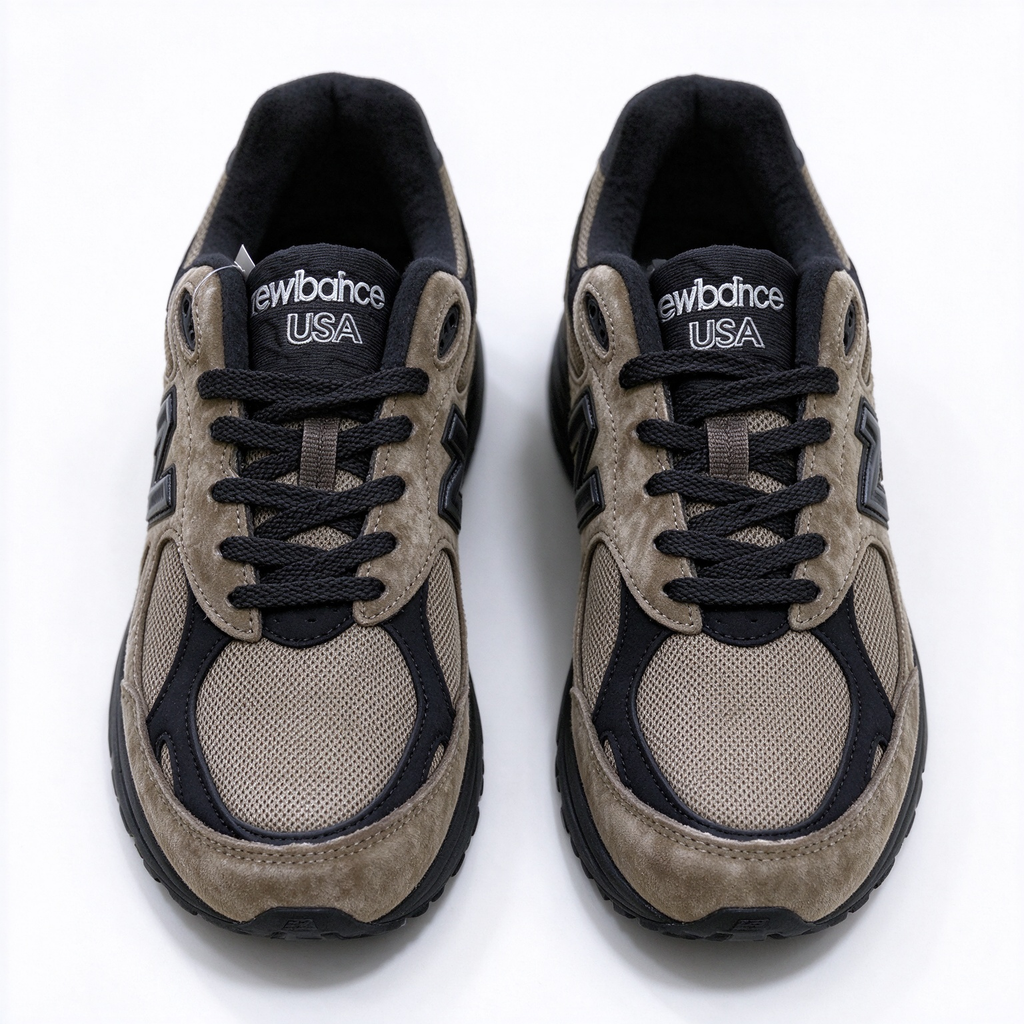 JJJJound x New Balance 990v3 classic collaboration model, Made in USA style. Premium brown suede matched with breathable mesh fabric, iconic dark black overlay, low-key vintage aesthetic, highly versatile for streetwear outfits.
