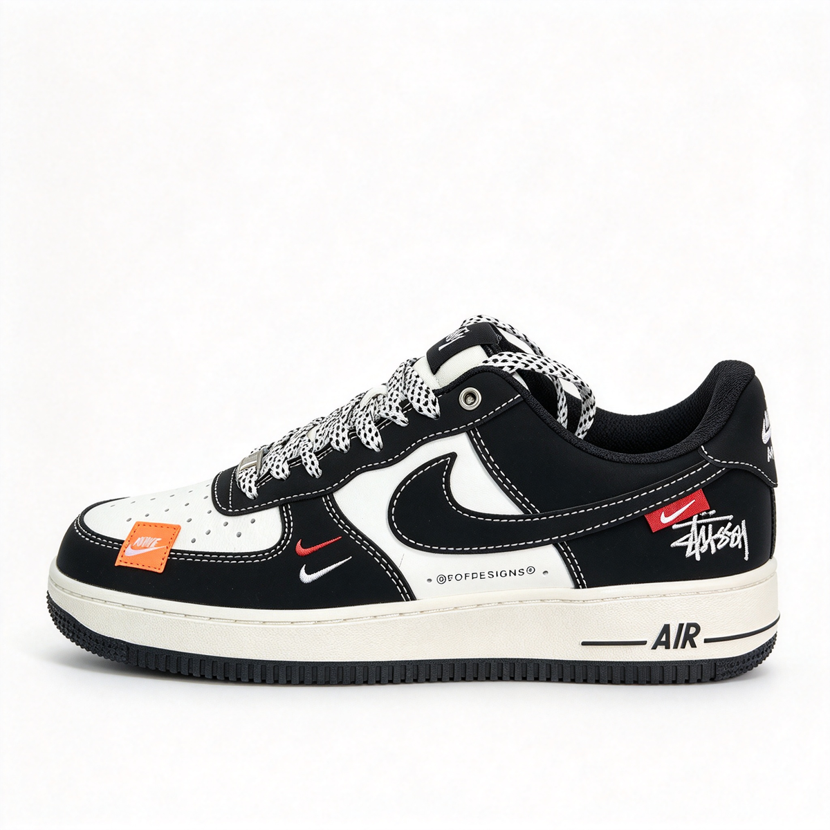 Nike Air Force 1 Low x Stussy x FOFDESIGNS Men's Sneakers | Black/White/Red/Orange Colorway | Premium Leather Upper + Air Sole Cushioning Technology | Streetwear Style Meets Collector's Edition | Customizable Laces and Hangtags | Lightweight and Durable