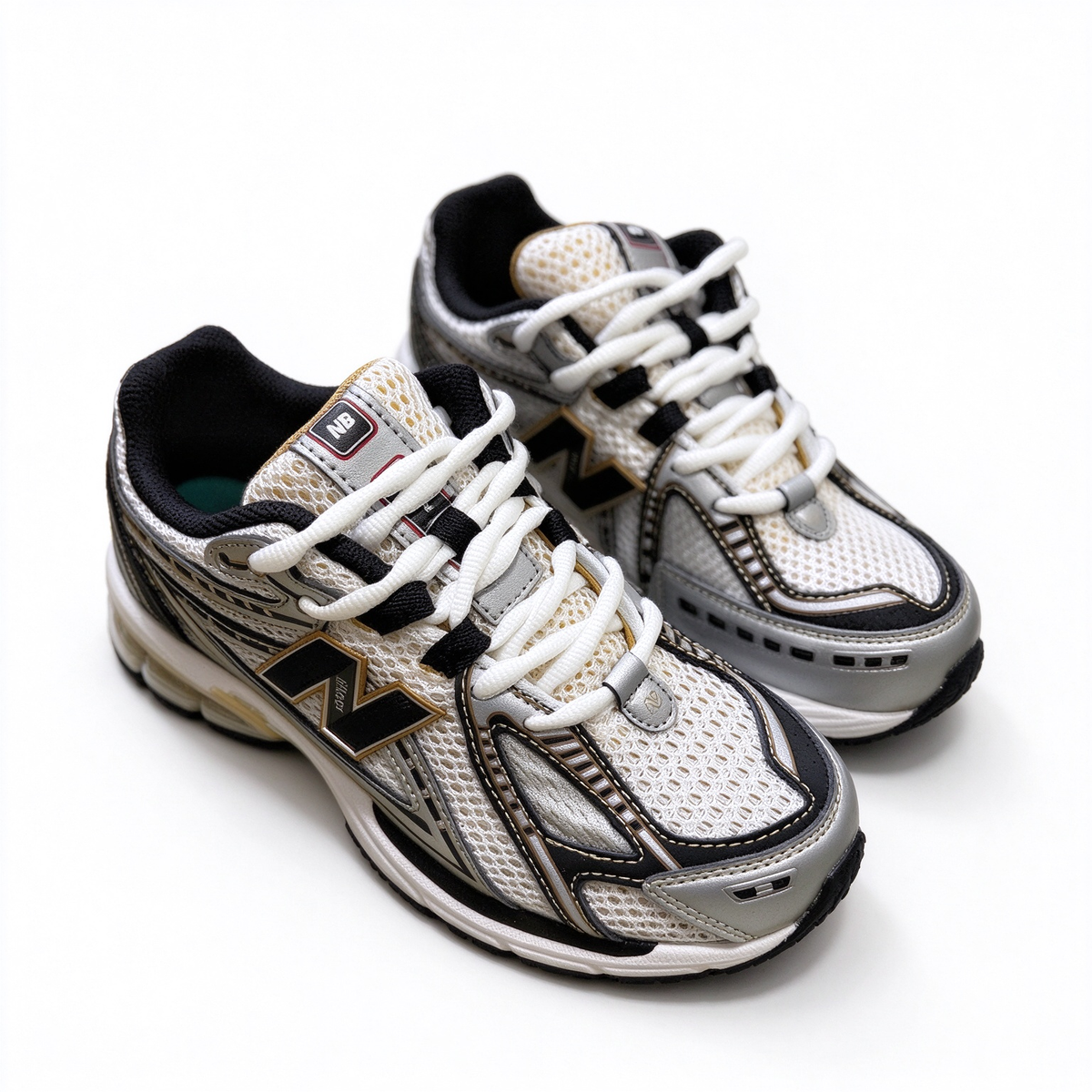 New Balance Classic Y2K retro running sneakers 1906R silver white gold metallic colorway, unisex dad shoes for men and women.