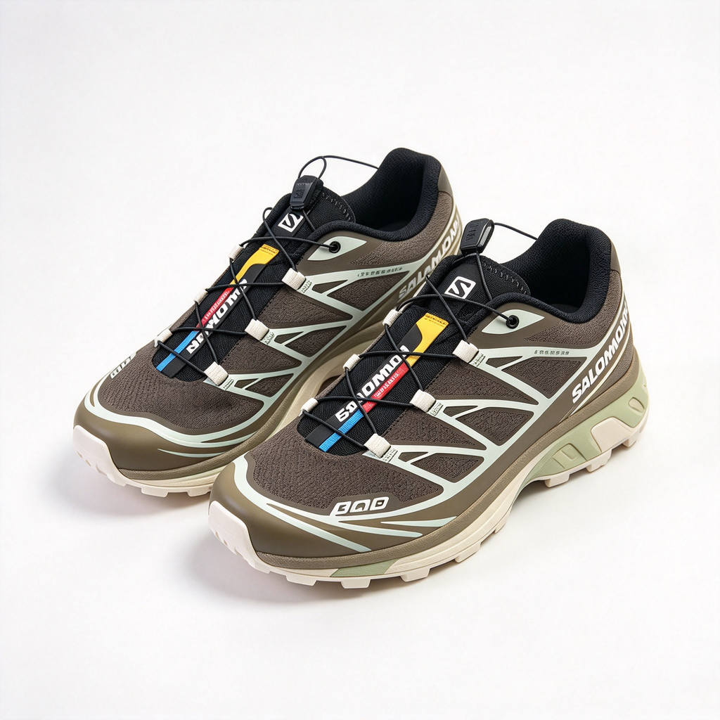 Salomon XT-6 Men's Trail Running Shoes | Dark Brown/Off-White/Yellow-Blue Colorway | Breathable Mesh Upper | All-Terrain Traction | Lightweight and Durable | Suitable for Trail Running, Hiking, and Everyday Urban Wear