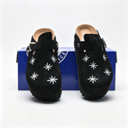 Birkenstock Boston Platform | Black Suede + White Starburst Embroidery + Chunky Sole, Unisex Trendy Clogs, Gothic & Streetwear Style Slip-Ons