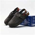 Birkenstock Boston Suede Clogs | Anthracite Grey + Brown Leather Strap + Textured Grip Sole, Unisex Retro Slip-On Shoes, Premium Comfort & Urban Style
