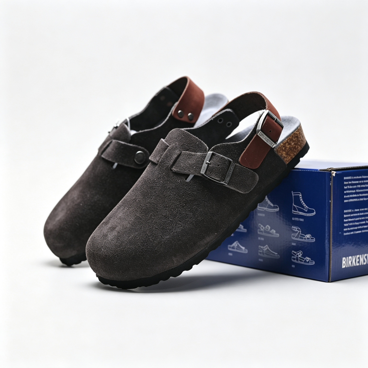 Birkenstock Boston Suede Clogs | Anthracite Grey + Brown Leather Strap + Textured Grip Sole, Unisex Retro Slip-On Shoes, Premium Comfort & Urban Style