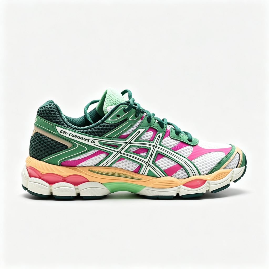 ASICS Gel-Cumulus 16 | Retro green and pink color blocking + GEL cushioning + breathable mesh upper unisex Y2K platform sneakers a must-have item for spring and summer trends