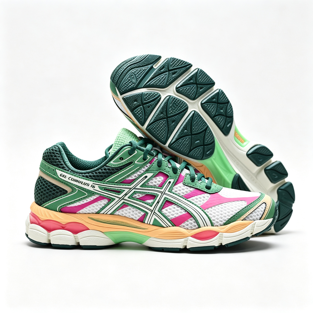 ASICS Gel-Cumulus 16 | Retro green and pink color blocking + GEL cushioning + breathable mesh upper unisex Y2K platform sneakers a must-have item for spring and summer trends