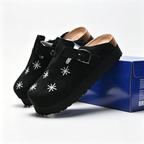 Birkenstock Boston Platform | Black Suede + White Starburst Embroidery + Chunky Sole, Unisex Trendy Clogs, Gothic & Streetwear Style Slip-Ons