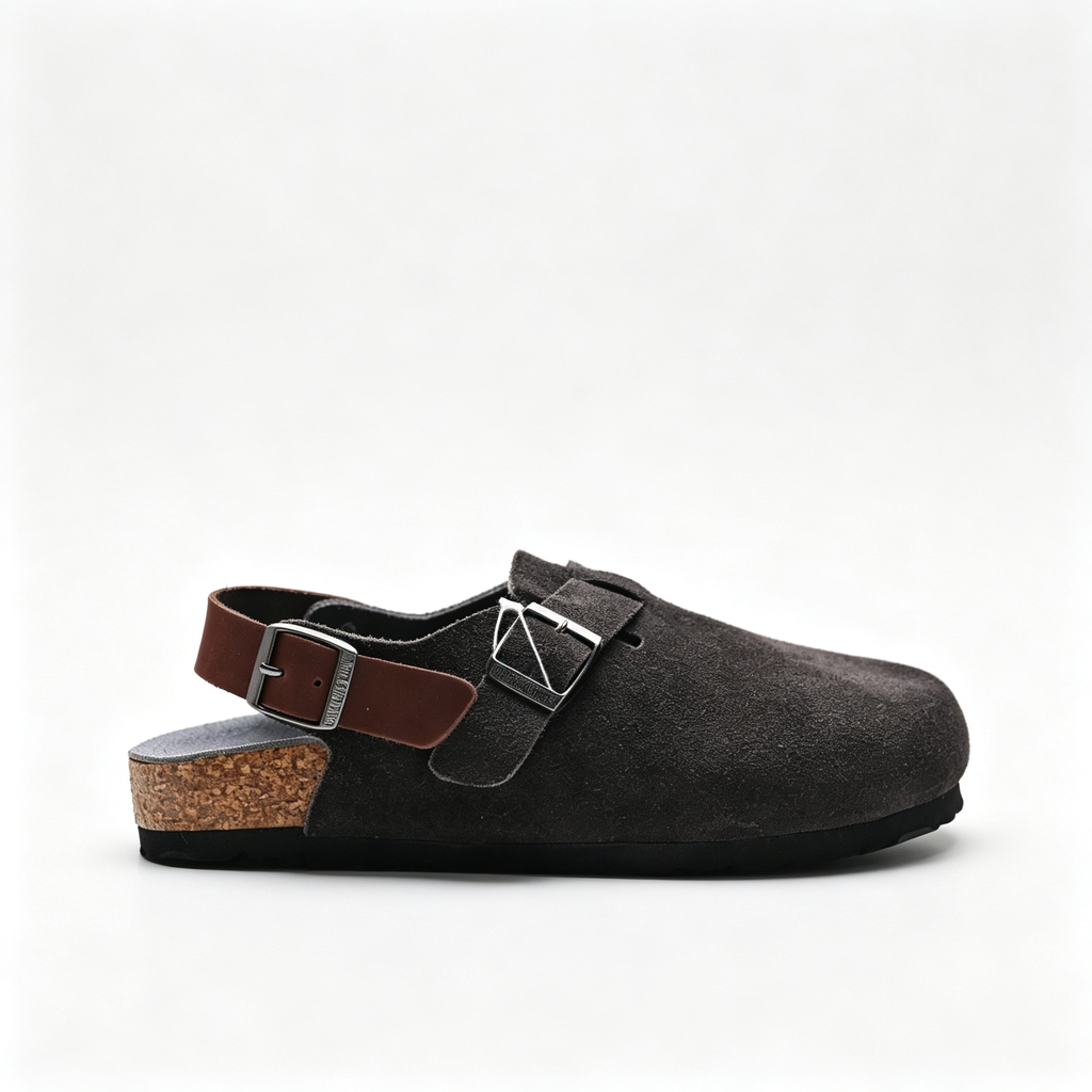 Birkenstock Boston Suede Clogs | Anthracite Grey + Brown Leather Strap + Textured Grip Sole, Unisex Retro Slip-On Shoes, Premium Comfort & Urban Style