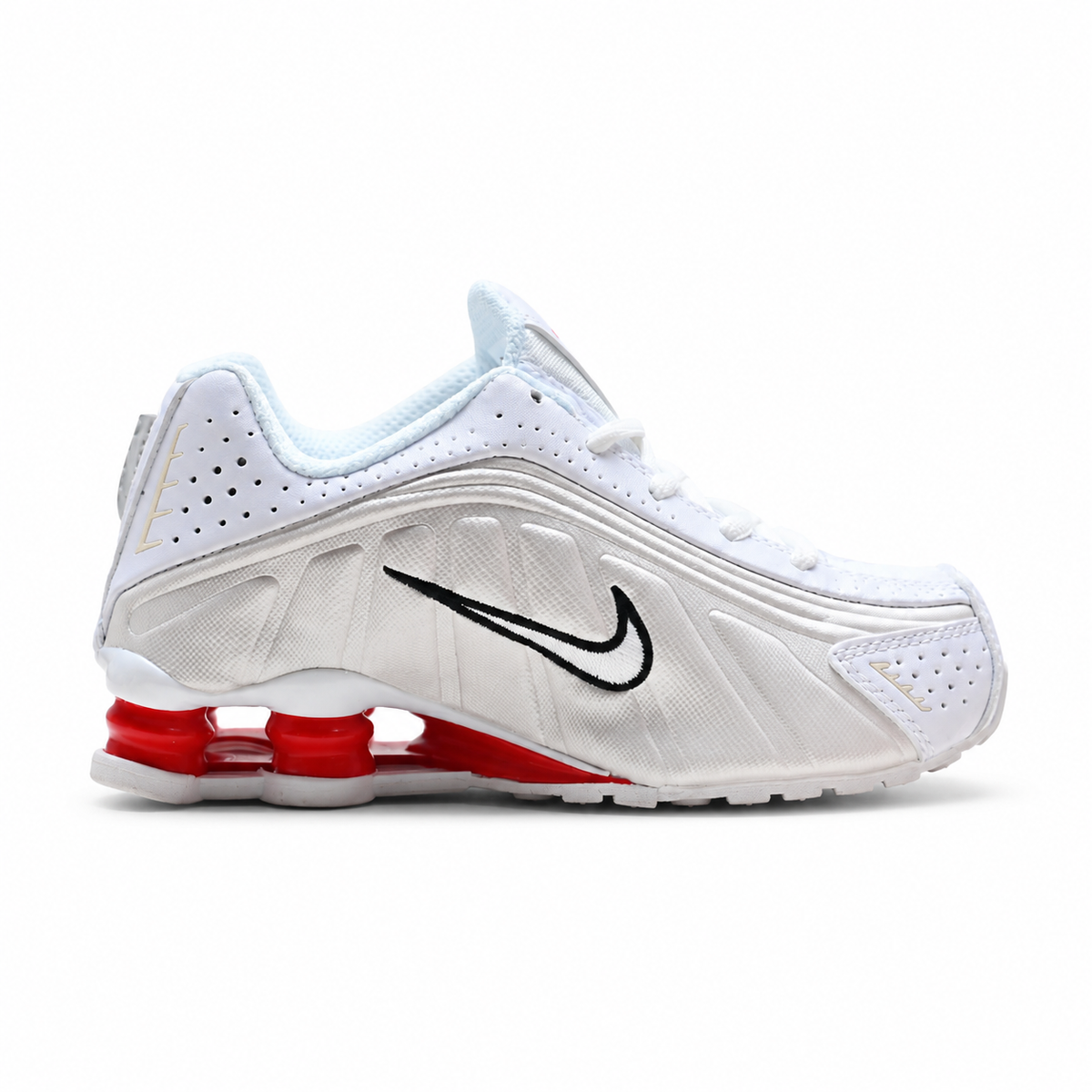 Nike Shox R4 White/Red | Retro running shoes in white red, and black + Shox cushioning + Y2K millennial style unisex chunky sneakers a hot trend for spring and summer