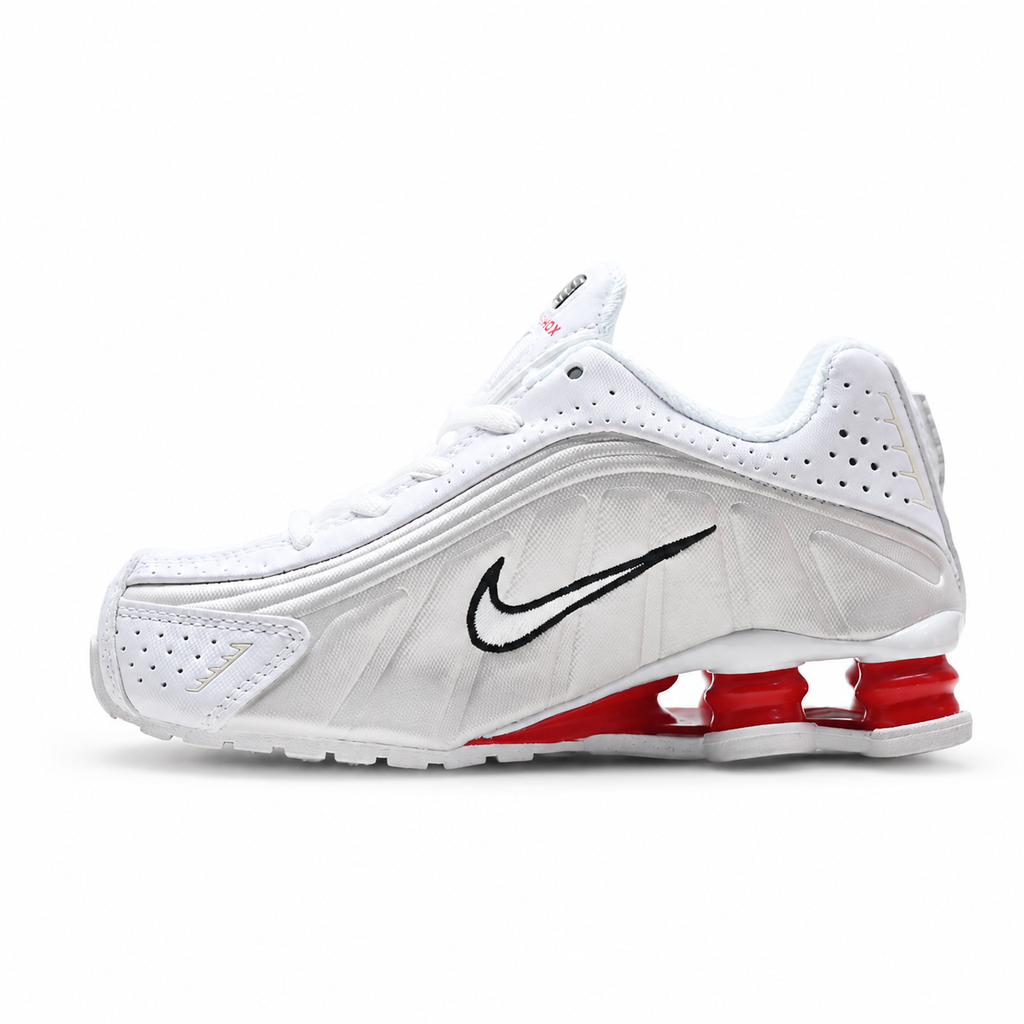 Nike Shox R4 White/Red | Retro running shoes in white red, and black + Shox cushioning + Y2K millennial style unisex chunky sneakers a hot trend for spring and summer