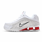Nike Shox R4 White/Red | Retro running shoes in white red, and black + Shox cushioning + Y2K millennial style unisex chunky sneakers a hot trend for spring and summer