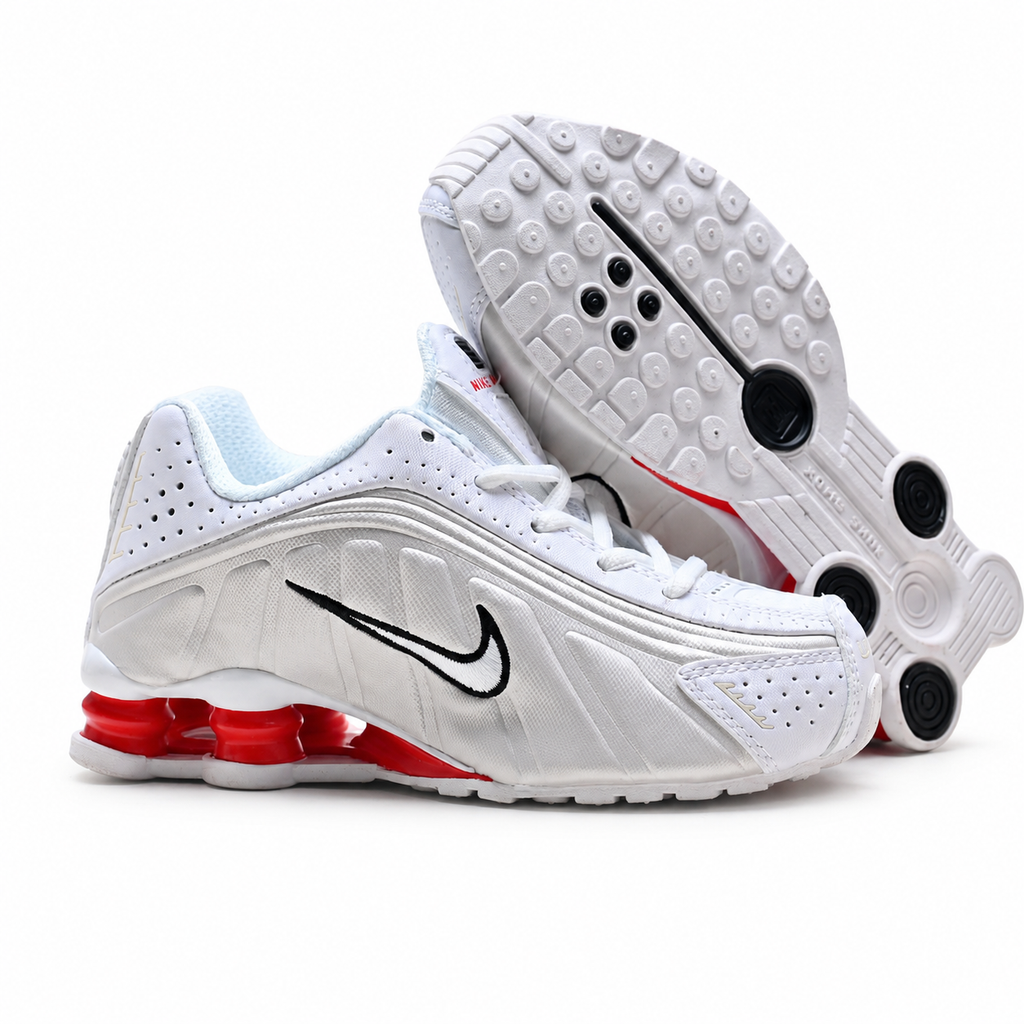 Nike Shox R4 White/Red | Retro running shoes in white red, and black + Shox cushioning + Y2K millennial style unisex chunky sneakers a hot trend for spring and summer