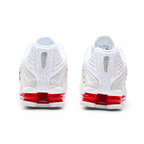 Nike Shox R4 White/Red | Retro running shoes in white red, and black + Shox cushioning + Y2K millennial style unisex chunky sneakers a hot trend for spring and summer