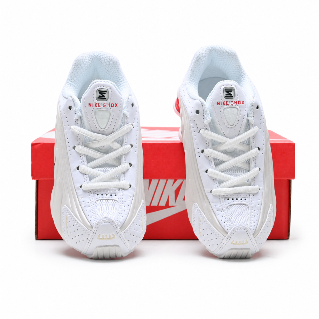 Nike Shox R4 White/Red | Retro running shoes in white red, and black + Shox cushioning + Y2K millennial style unisex chunky sneakers a hot trend for spring and summer