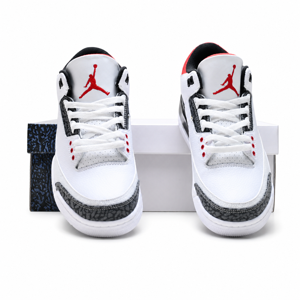 Air Jordan 3 Retro 'White Fire Red' | White Leather + Cement Grey Elephant Print + Visible Air Unit, Men's Basketball & Lifestyle Sneakers, Iconic Streetwear & Premium Comfort
