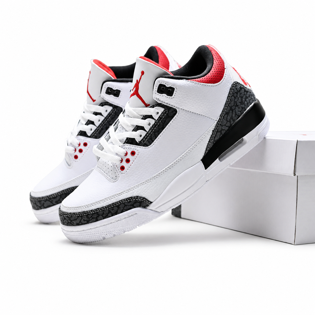 Air Jordan 3 Retro 'White Fire Red' | White Leather + Cement Grey Elephant Print + Visible Air Unit, Men's Basketball & Lifestyle Sneakers, Iconic Streetwear & Premium Comfort