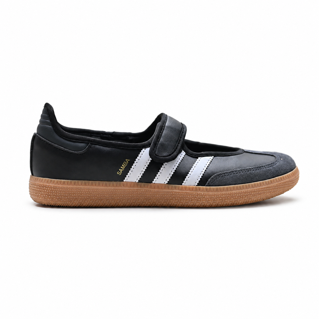 Adidas Originals Samba Jane Black and White Mary Jane with Velcro strap gum sole and three stripes women's retro German training shoes