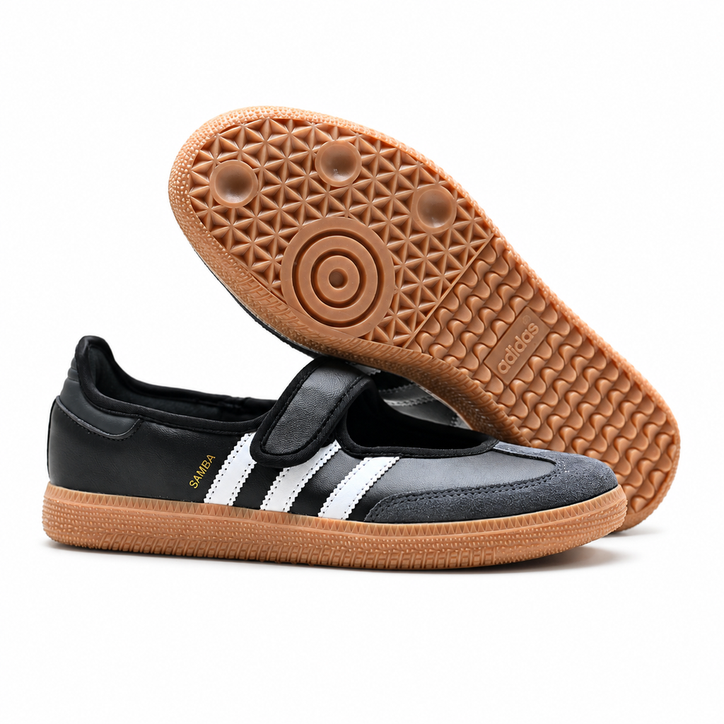 Adidas Originals Samba Jane Black and White Mary Jane with Velcro strap gum sole and three stripes women's retro German training shoes