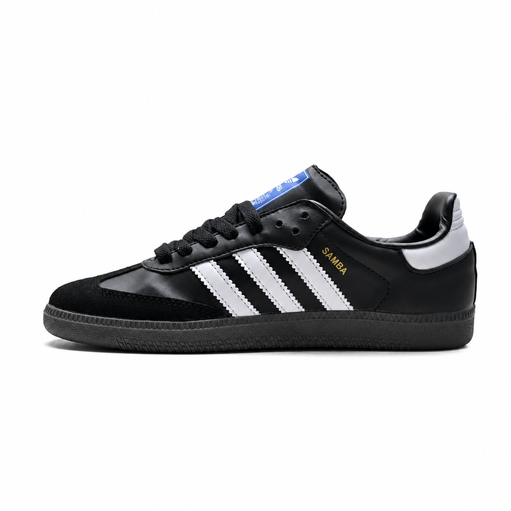 Adidas Originals Samba OG Black and White German Trainer Shoes with Gold-Stamped Logo and Gum Sole Unisex Retro Sneakers
