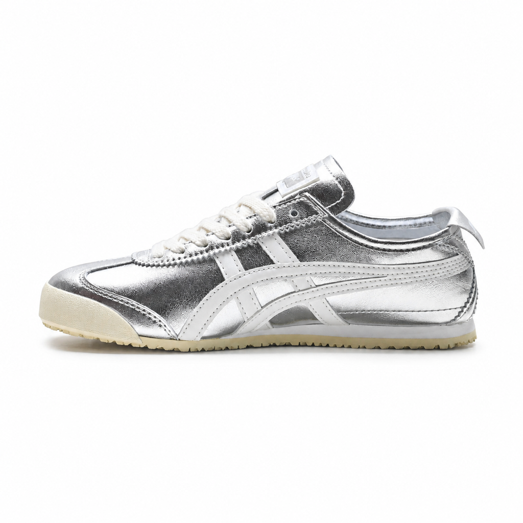 Onitsuka Tiger Mexico 66 | Metallic Silver/White + Retro Y2K Aesthetic + Cream Sole, Unisex Lifestyle Sneakers, Futuristic Streetwear Essential