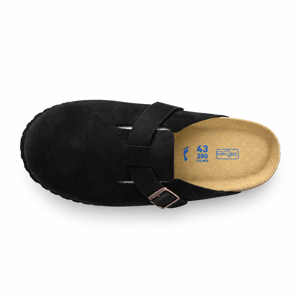 Birkenstock Boston Suede Clogs Black | Unisex Adjustable Slip-On Mules | Cork Footbed Casual Shoes