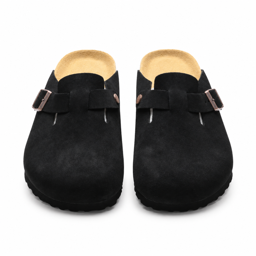 Birkenstock Boston Suede Clogs Black | Unisex Adjustable Slip-On Mules | Cork Footbed Casual Shoes