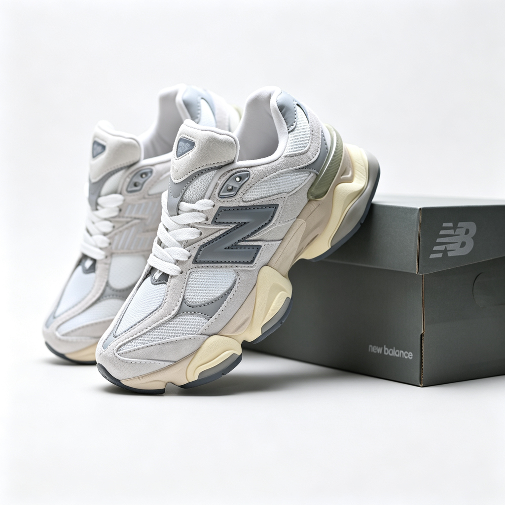 New Balance 9060 White Grey Cream Sneakers – Unisex Suede Mesh Chunky Lifestyle Shoes