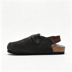Birkenstock Boston Suede Clogs | Anthracite Grey + Brown Leather Strap + Textured Grip Sole, Unisex Retro Slip-On Shoes, Premium Comfort & Urban Style