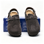 Birkenstock Boston Suede Clogs | Anthracite Grey + Brown Leather Strap + Textured Grip Sole, Unisex Retro Slip-On Shoes, Premium Comfort & Urban Style
